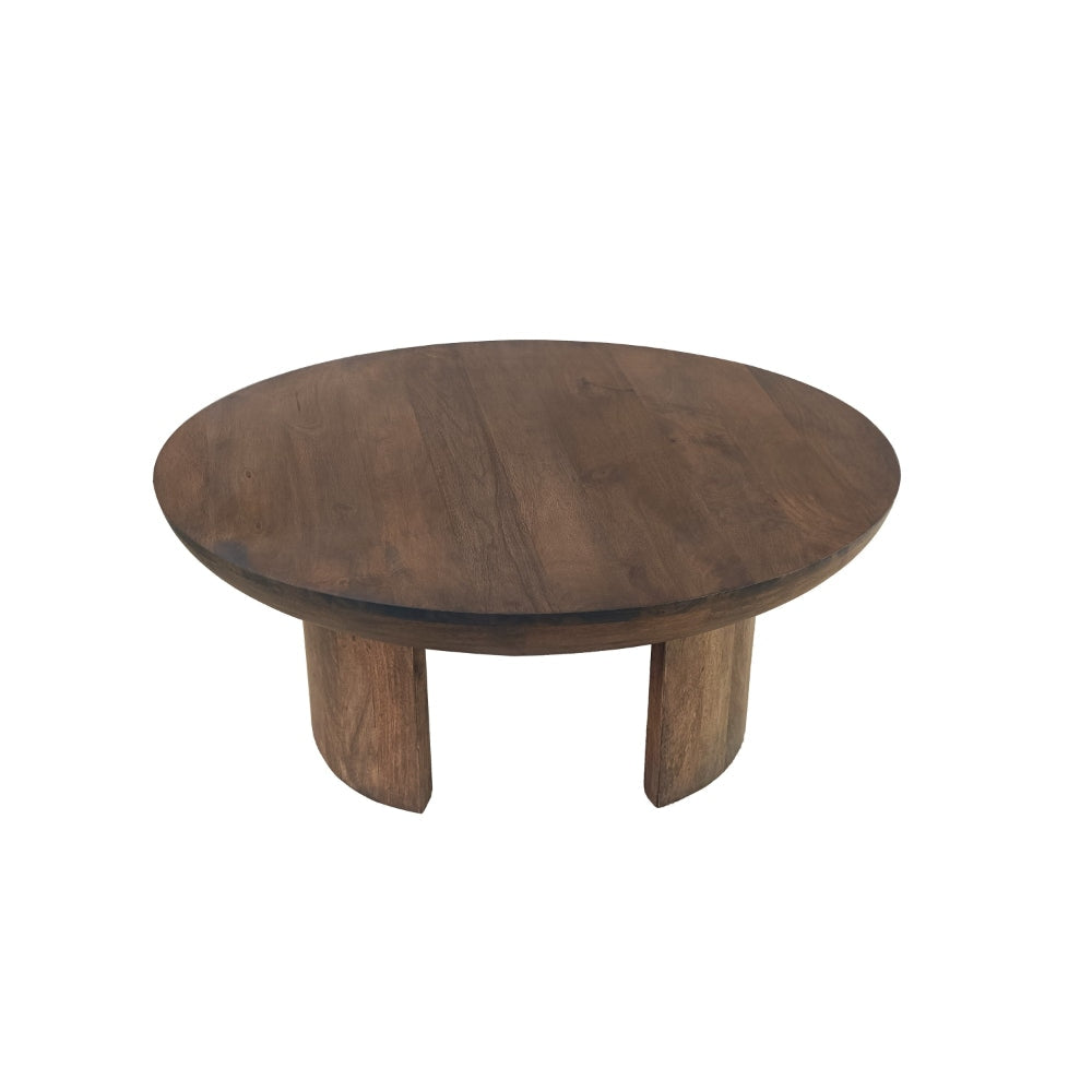 35 Inch Coffee Table Handcrafted Round Mango Wood Top Modern Curved Tripod Legs Walnut Brown The Urban Port UPT-299123