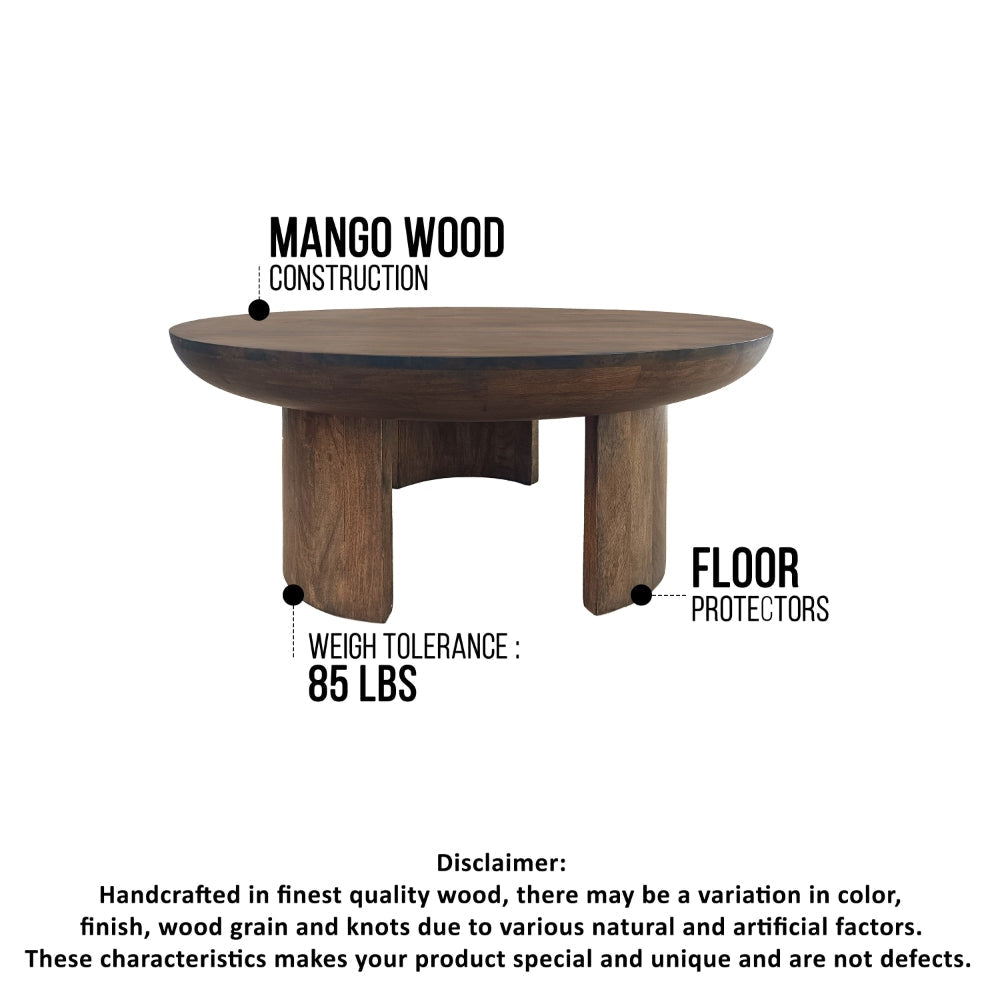 35 Inch Coffee Table Handcrafted Round Mango Wood Top Modern Curved Tripod Legs Walnut Brown The Urban Port UPT-299123