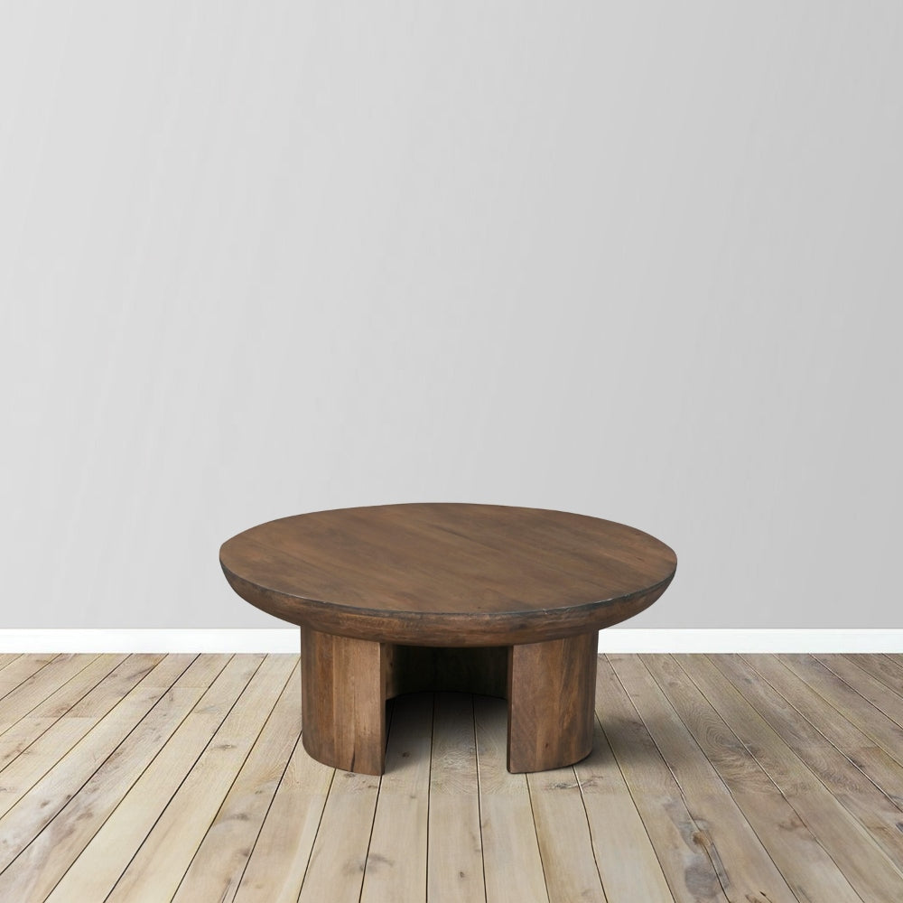 35 Inch Coffee Table Handcrafted Round Mango Wood Top Modern Curved Tripod Legs Walnut Brown The Urban Port UPT-299123