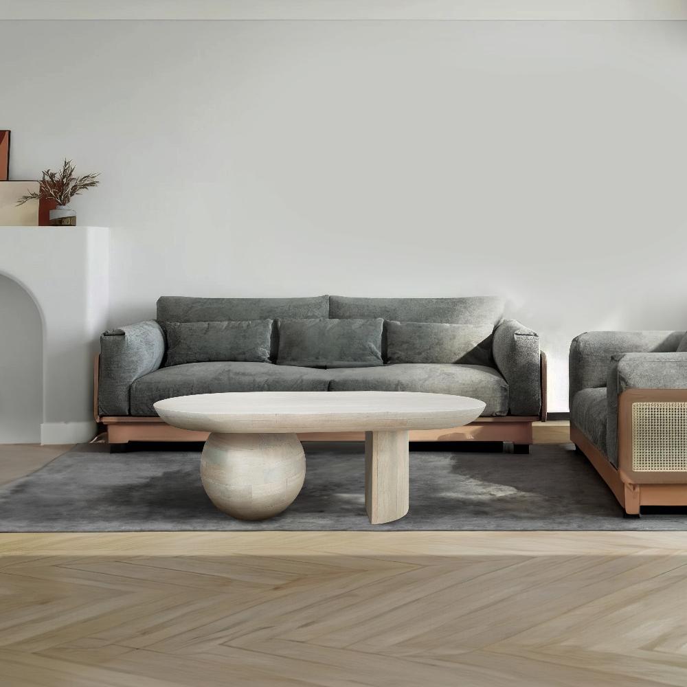 38 Inch Coffee Table Oblong Mango Wood Top with a Modern Ball Leg Washed White The Urban Port UPT-299124