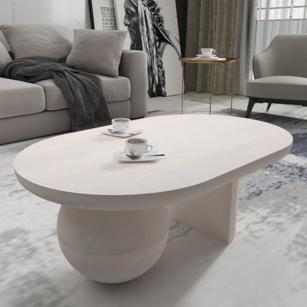 38 Inch Coffee Table Oblong Mango Wood Top with a Modern Ball Leg Washed White The Urban Port UPT-299124