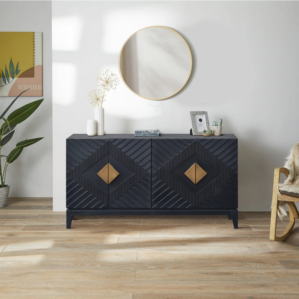 Abiel 55 Inch Sideboard Buffet Console with 2 Door Cabinet Brass Coated Diamond Cut Handles Matte Black Mango Wood The Urban Port UPT-299518