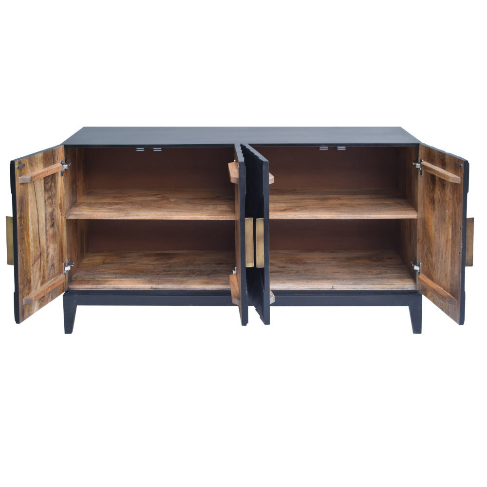 Abiel 55 Inch Sideboard Buffet Console with 2 Door Cabinet Brass Coated Diamond Cut Handles Matte Black Mango Wood The Urban Port UPT-299518