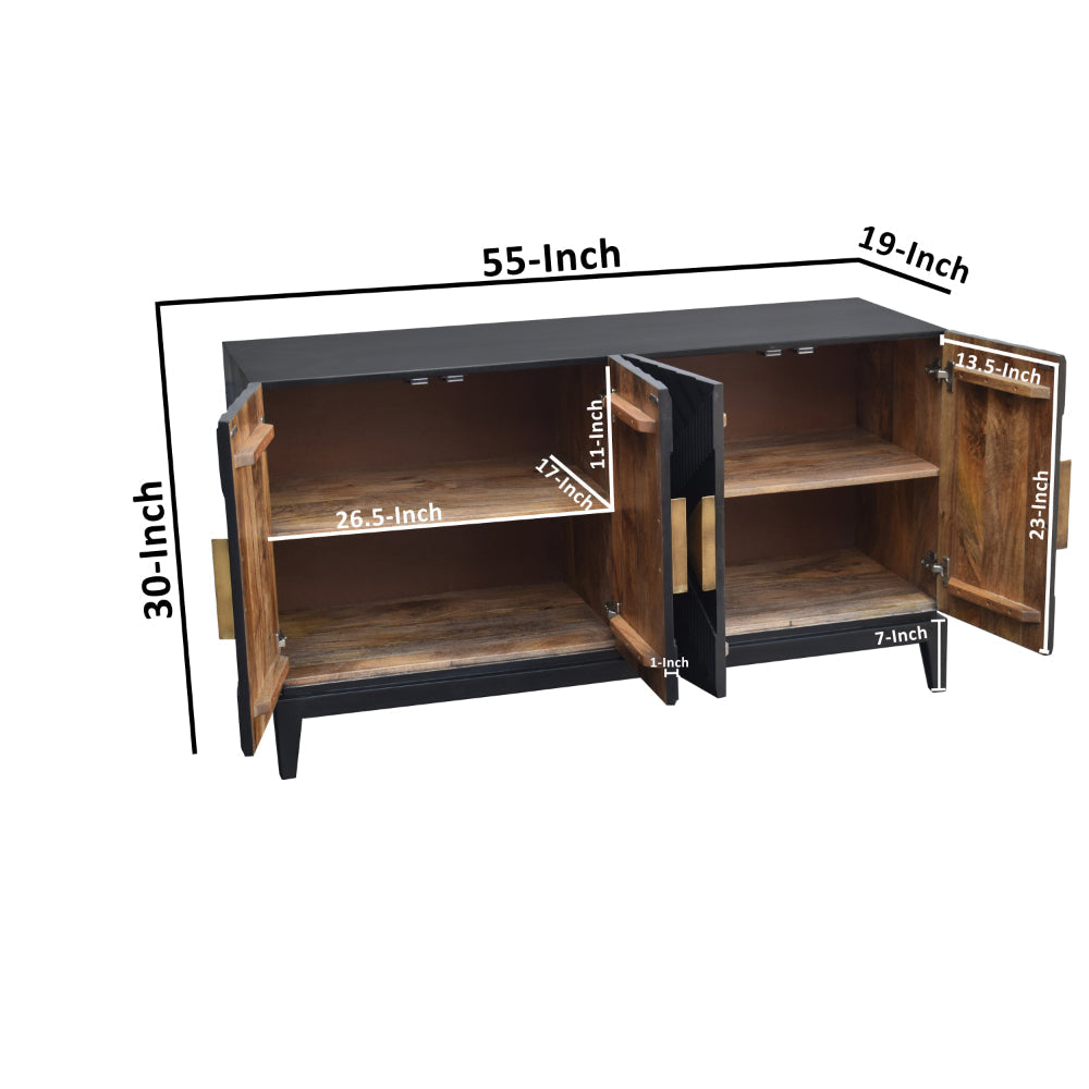 Abiel 55 Inch Sideboard Buffet Console with 2 Door Cabinet Brass Coated Diamond Cut Handles Matte Black Mango Wood The Urban Port UPT-299518