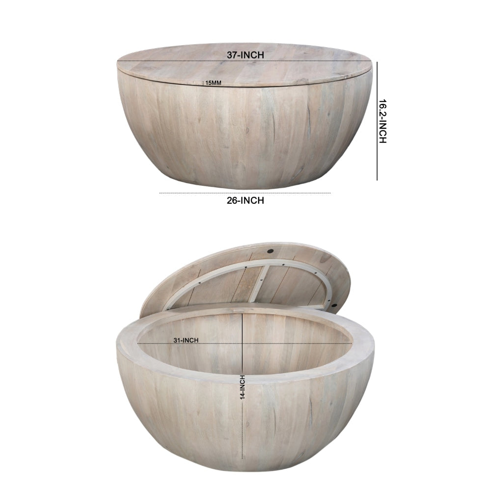 37 Inch Round Coffee Table Handcrafted Drum Shape with Storage Washed White Mango Wood The Urban Port UPT-299715