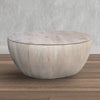 37 Inch Round Coffee Table Handcrafted Drum Shape with Storage Washed White Mango Wood The Urban Port UPT-299715