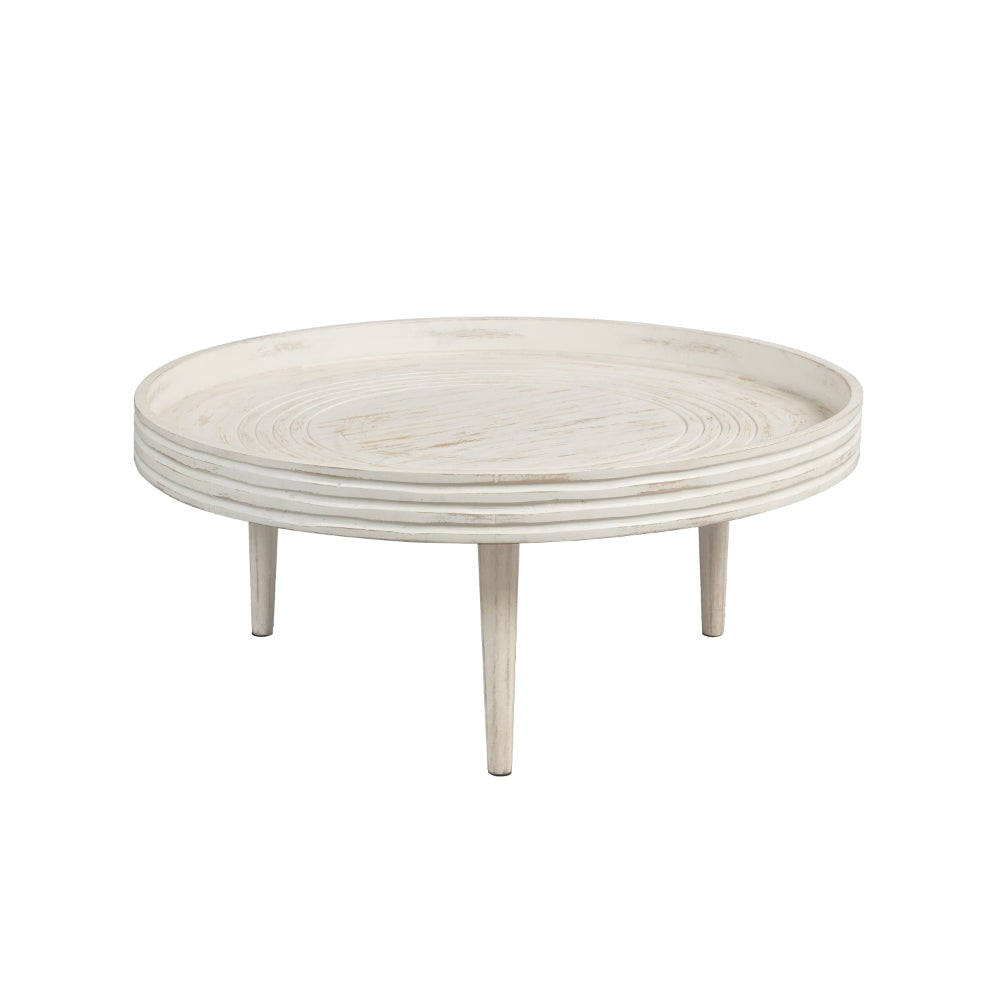 33 Inch Coffee Table Solid Mango Wood Handcrafted Round Grooved Raised Edge Distressed White The Urban Port UPT-299717