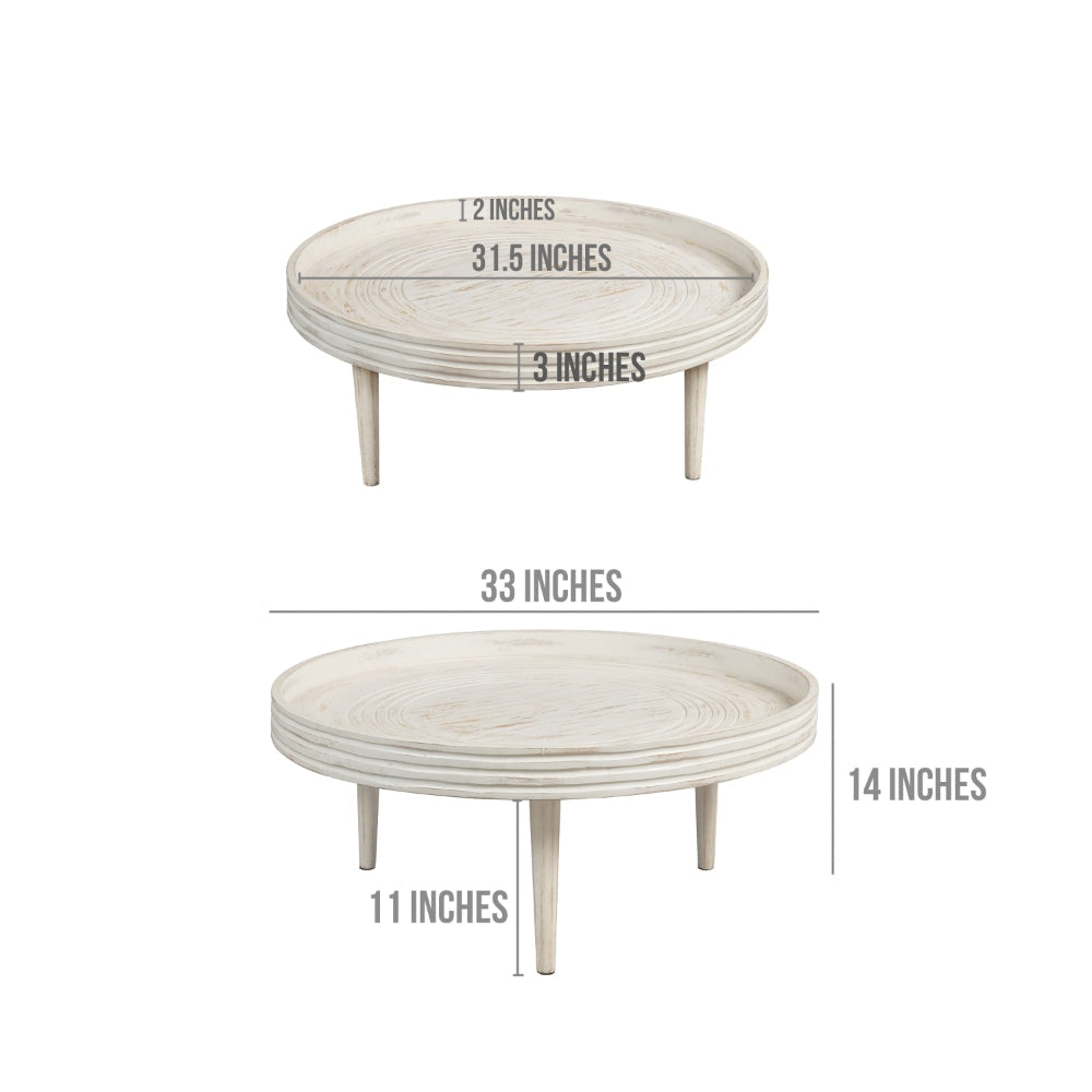 33 Inch Coffee Table Solid Mango Wood Handcrafted Round Grooved Raised Edge Distressed White The Urban Port UPT-299717