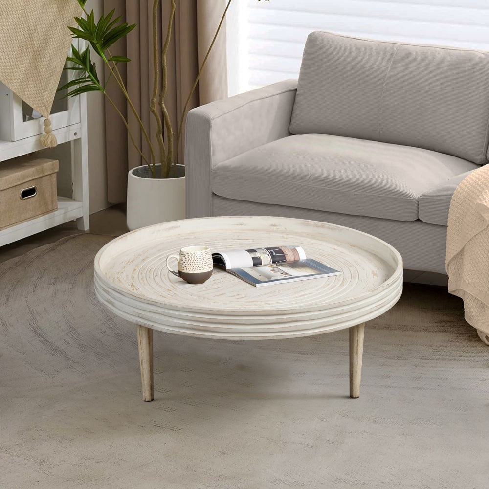 33 Inch Coffee Table Solid Mango Wood Handcrafted Round Grooved Raised Edge Distressed White The Urban Port UPT-299717