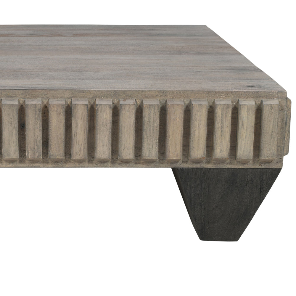 Tokyo Inspired 36 Inch Square Mango Wood Coffee Table - Handcrafted with Elegant Sandblasted Gray Finish And Tapered Legs By The Urban Port