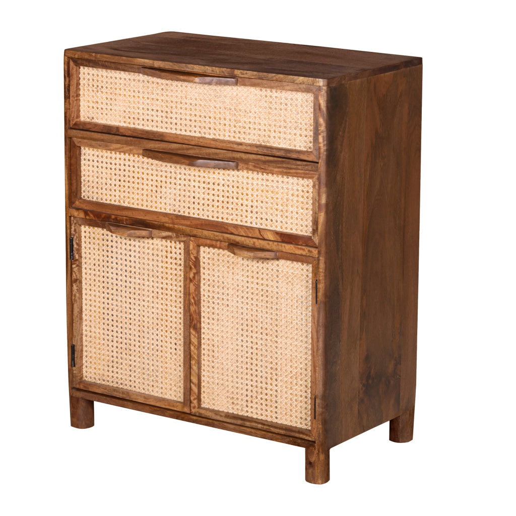 Mia 35 Inch Tall Dresser Chest Woven Rattan Cabinet Doors and Drawer Fronts Handcrafted Natural Mango Wood The Urban Port UPT-301716