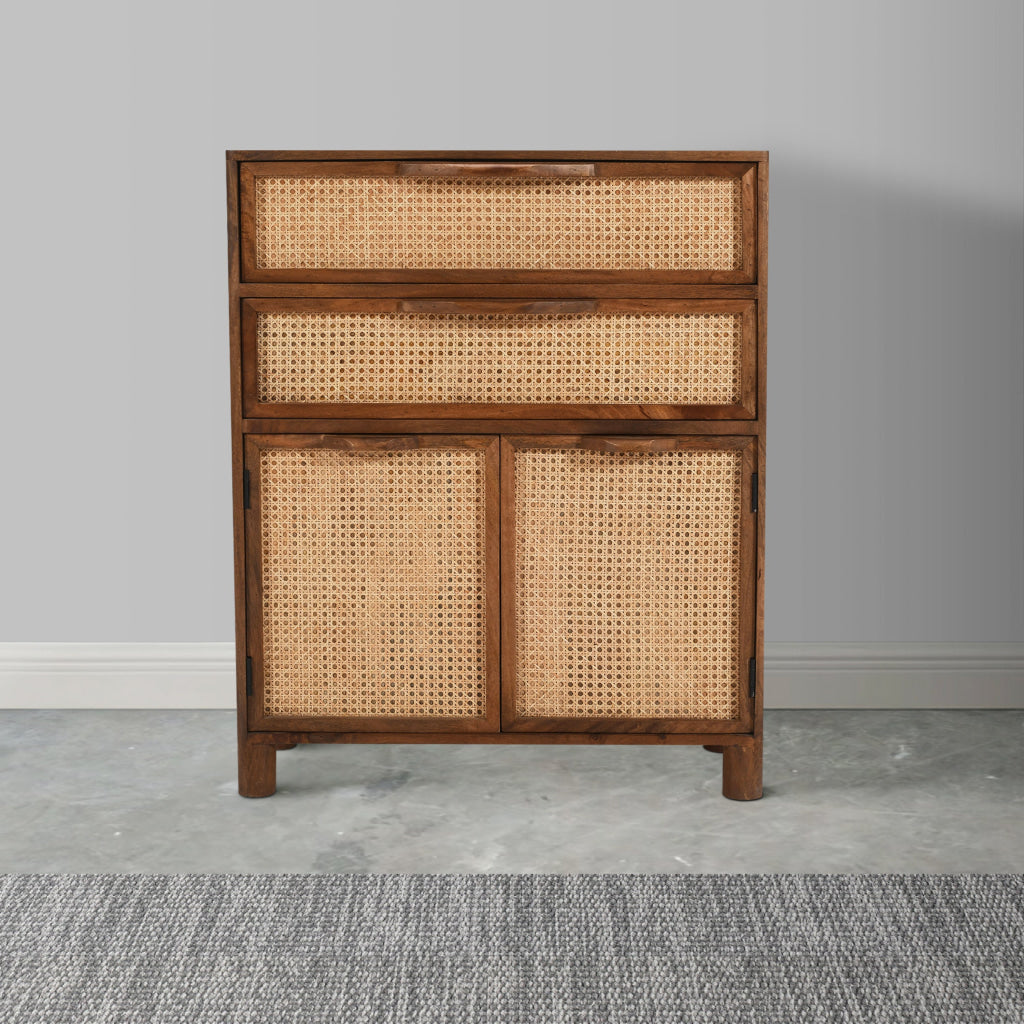 Mia 35 Inch Tall Dresser Chest Woven Rattan Cabinet Doors and Drawer Fronts Handcrafted Natural Mango Wood The Urban Port UPT-301716