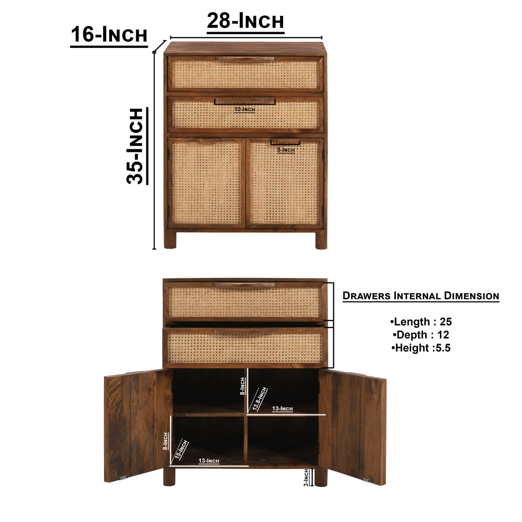 Mia 35 Inch Tall Dresser Chest Woven Rattan Cabinet Doors and Drawer Fronts Handcrafted Natural Mango Wood The Urban Port UPT-301716