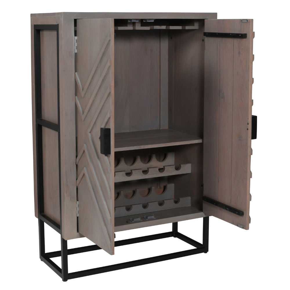 52 Inch Wine Bar Cabinet with Built in Stemware Rack Bottle Holder in Gray Acacia Wood Black Iron Metal By The Urban Port UPT-301717