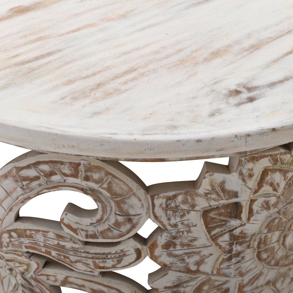 Alina Coffee Table Handcrafted Mango Wood Floral Carved Cut Out Design Distressed White Finish 33 Inch By The Urban Port UPT-301718