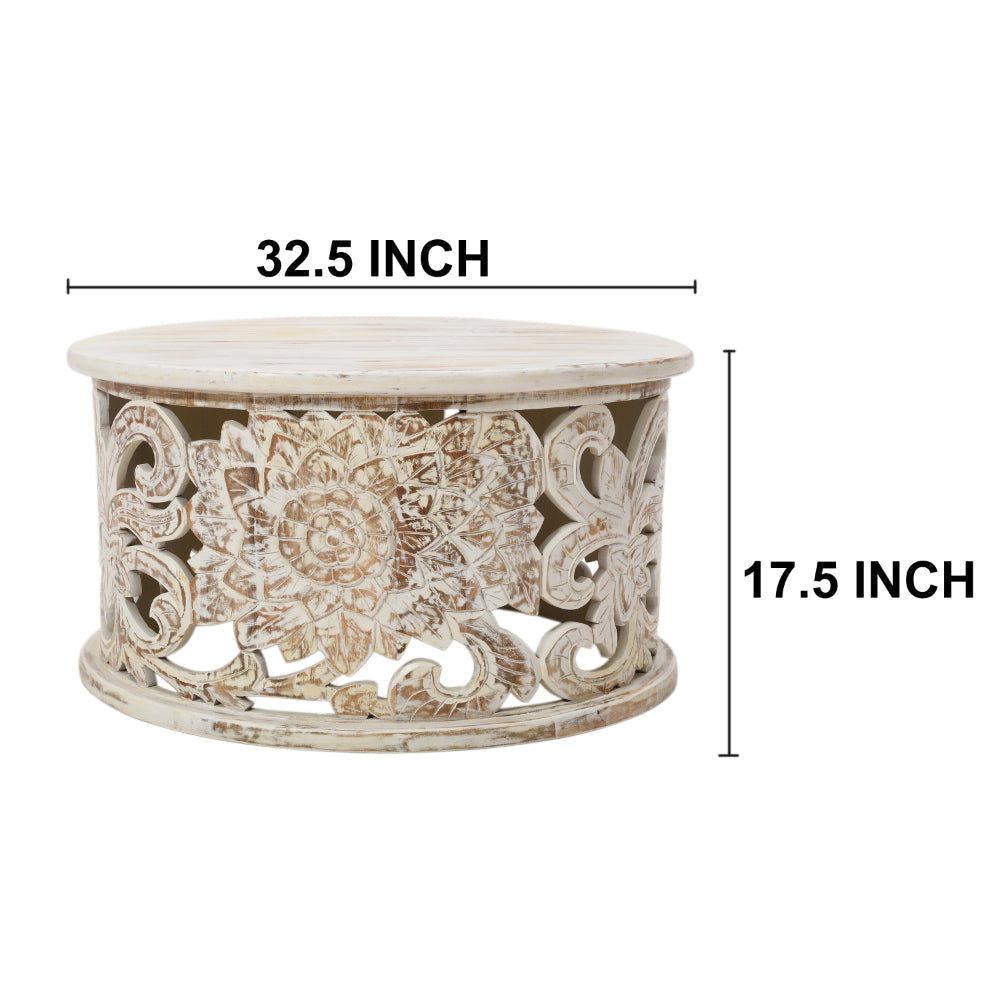 Alina Coffee Table Handcrafted Mango Wood Floral Carved Cut Out Design Distressed White Finish 33 Inch By The Urban Port UPT-301718