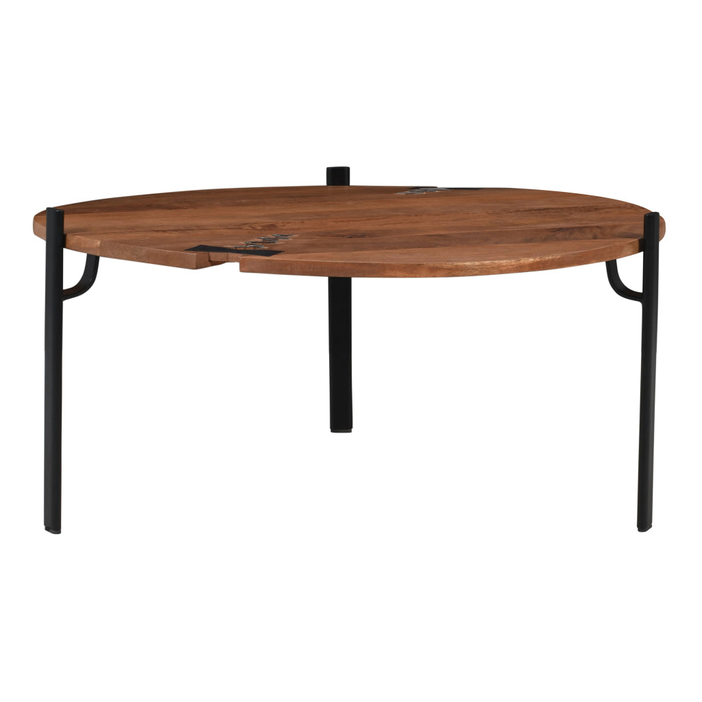 31 Inch Coffee Table Handcrafted Live Edge Mango Wood Round Top with Cracks and Stitches Black Iron Legs By The Urban Port UPT-301720