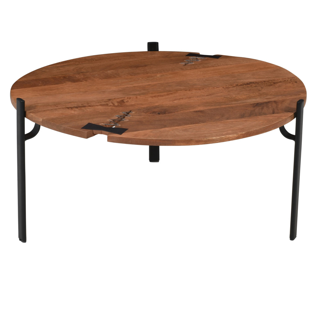 31 Inch Coffee Table Handcrafted Live Edge Mango Wood Round Top with Cracks and Stitches Black Iron Legs By The Urban Port UPT-301720