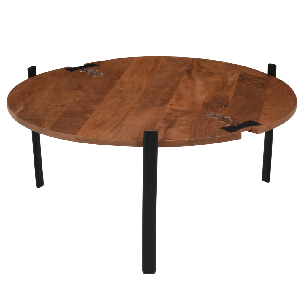 31 Inch Coffee Table Handcrafted Live Edge Mango Wood Round Top with Cracks and Stitches Black Iron Legs By The Urban Port UPT-301720