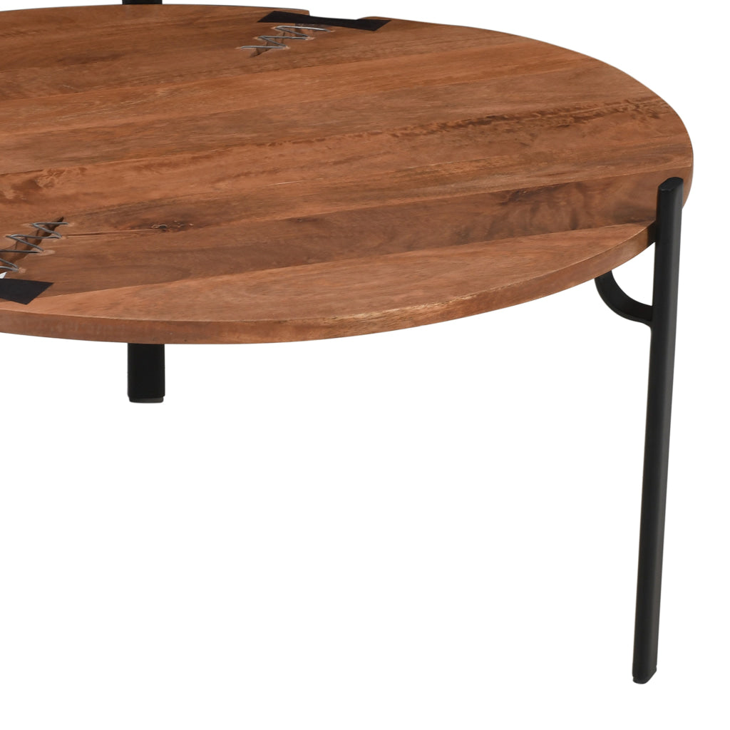 31 Inch Coffee Table Handcrafted Live Edge Mango Wood Round Top with Cracks and Stitches Black Iron Legs By The Urban Port UPT-301720