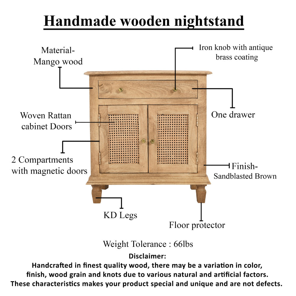 30 Inch Nightstand Table Rattan Cabinet Doors and Drawer Fronts Sandblasted Brown Mango Wood By The Urban Port UPT-301721