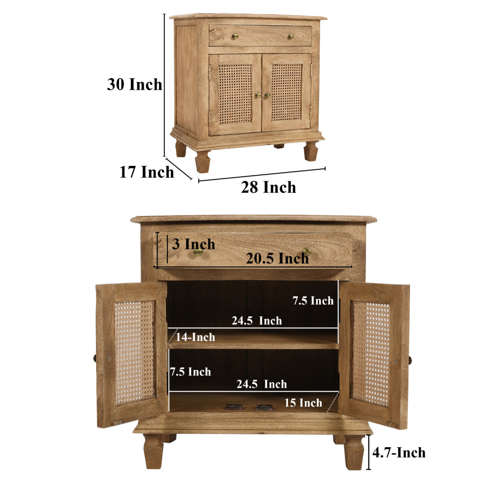 30 Inch Nightstand Table Rattan Cabinet Doors and Drawer Fronts Sandblasted Brown Mango Wood By The Urban Port UPT-301721