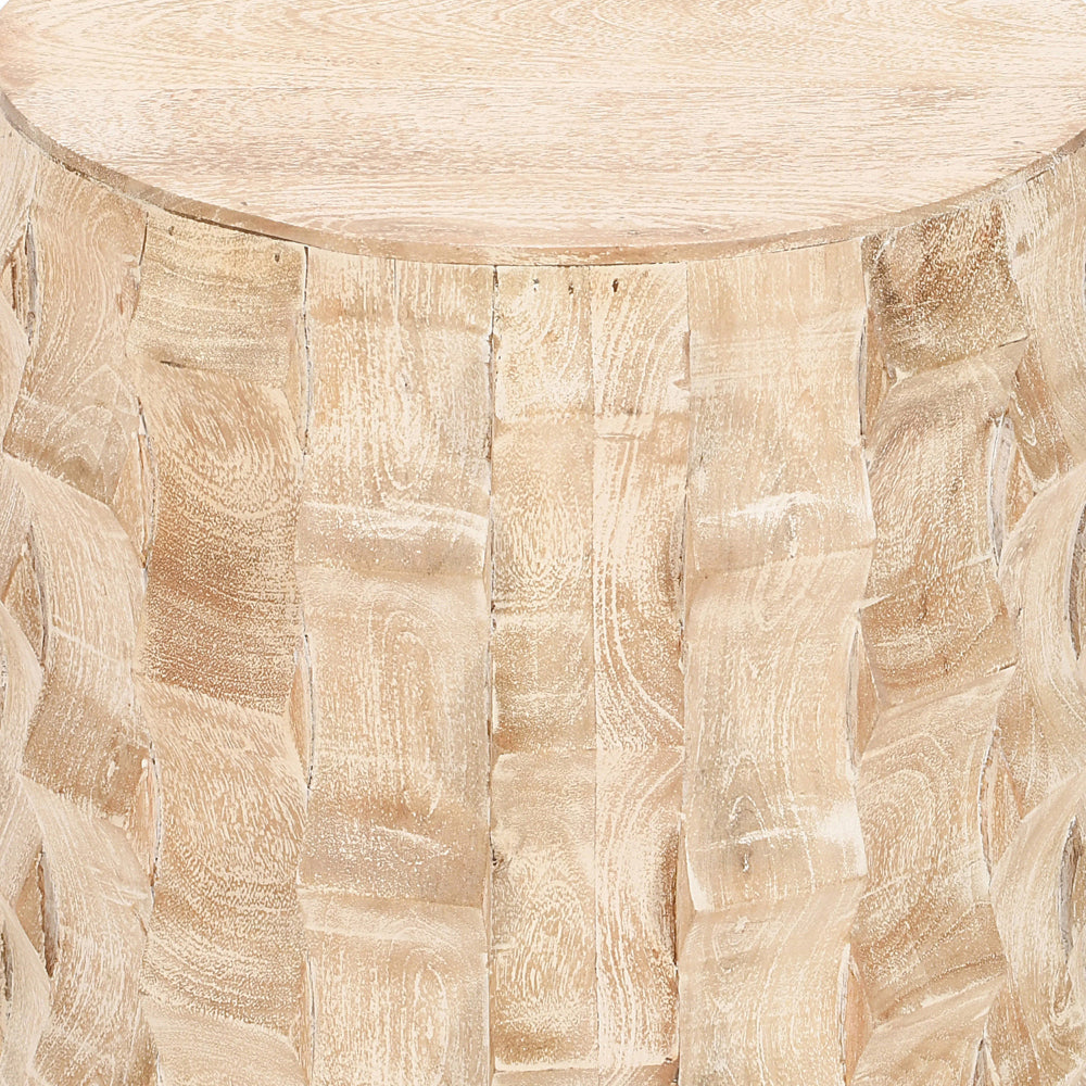 20 Inch Side End Table Round Drum Shape with 3D Textured Design Distressed White Finish By The Urban Port UPT-301722