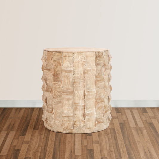 20 Inch Side End Table, Round Drum Shape with 3D Textured Design, Distressed White Finish By The Urban Port