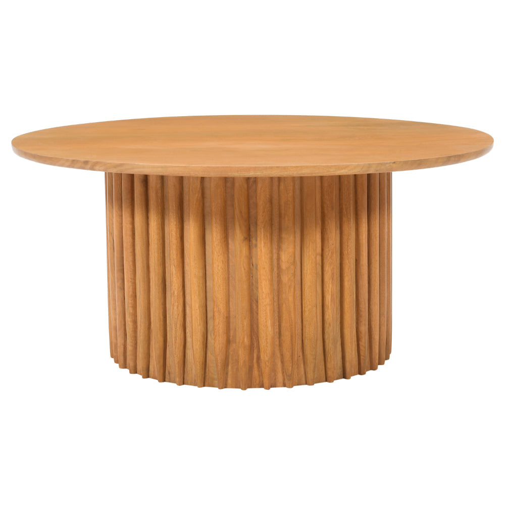 Sejo Coffee Table 34 Inch Round Top with Fluted Base in Natural Brown Mango Wood By The Urban Port UPT-301724