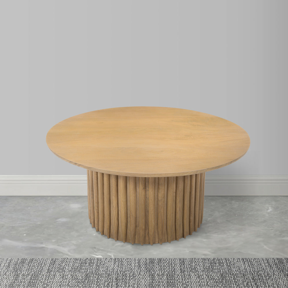 Sejo Coffee Table 34 Inch Round Top with Fluted Base in Natural Brown Mango Wood By The Urban Port UPT-301724