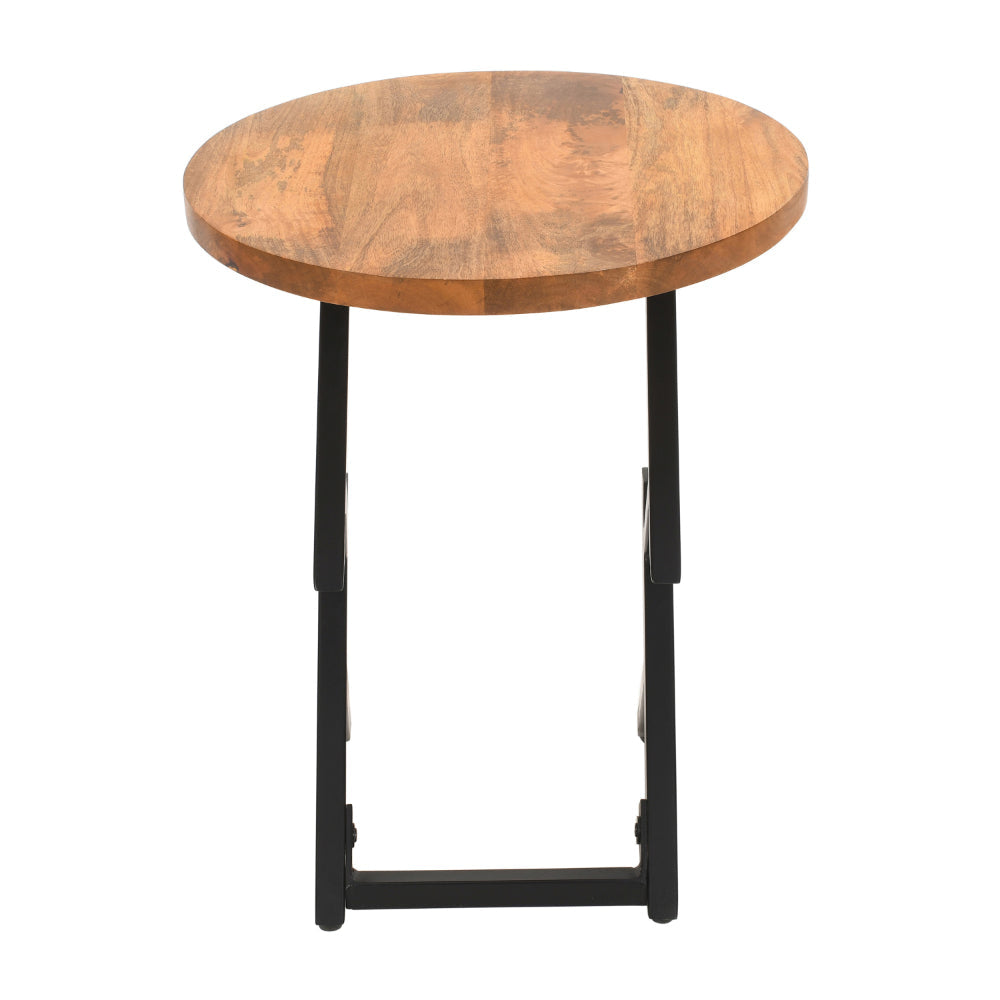 23 Inch Side End Table Natural Brown Round Wood Top Modern Black Angled Iron Legs By The Urban Port UPT-301727