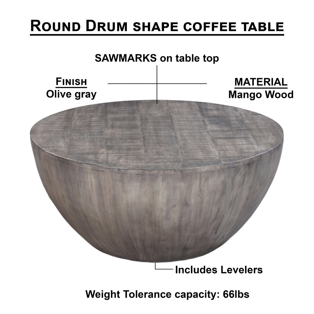 36 Inch Round Coffee Table Handcrafted Drum Shape Mango Wood with Olive Gray Finish The Urban Port UPT-302027