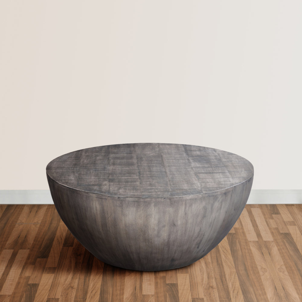 36 Inch Round Coffee Table Handcrafted Drum Shape Mango Wood with Olive Gray Finish The Urban Port UPT-302027