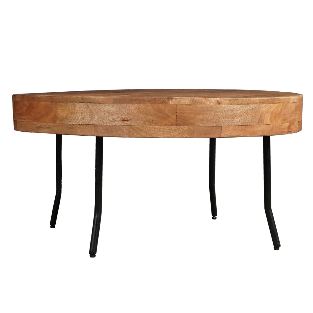 32 Inch Coffee Table Handcrafted Mango Wood Round Top Black Metal Angled Legs The Urban Port UPT-302028