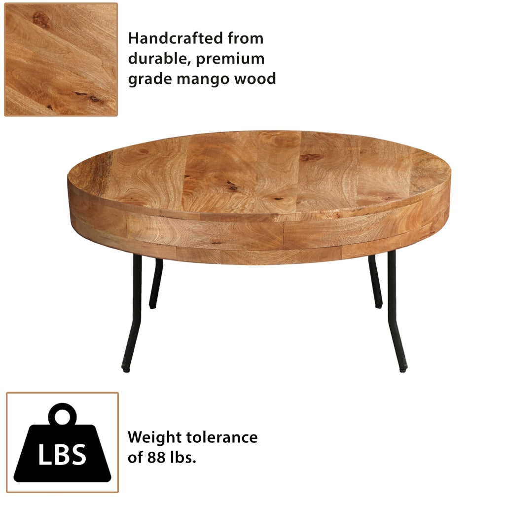 32 Inch Coffee Table Handcrafted Mango Wood Round Top Black Metal Angled Legs The Urban Port UPT-302028