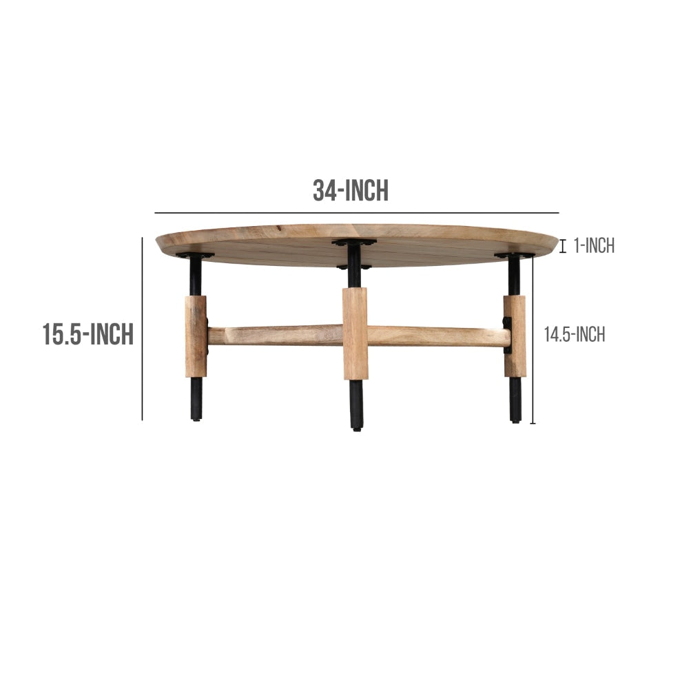 34 Inch Round Coffee Table Handcrafted Natural Brown Mango Wood with Black Iron Legs The Urban Port UPT-302029