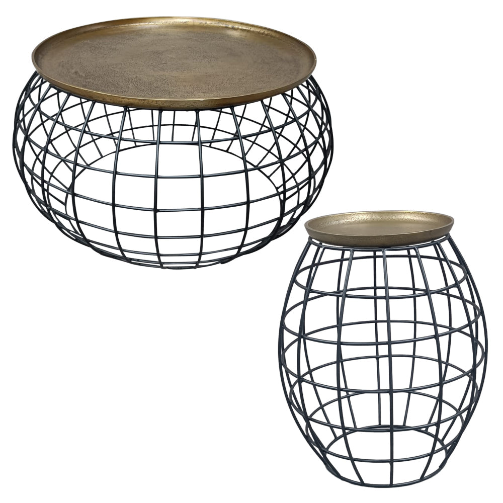 2 Piece Coffee Table and End table Set Round Antique Brass Tray Top Curved Cage Design Black Iron Base By The Urban Port UPT-310004