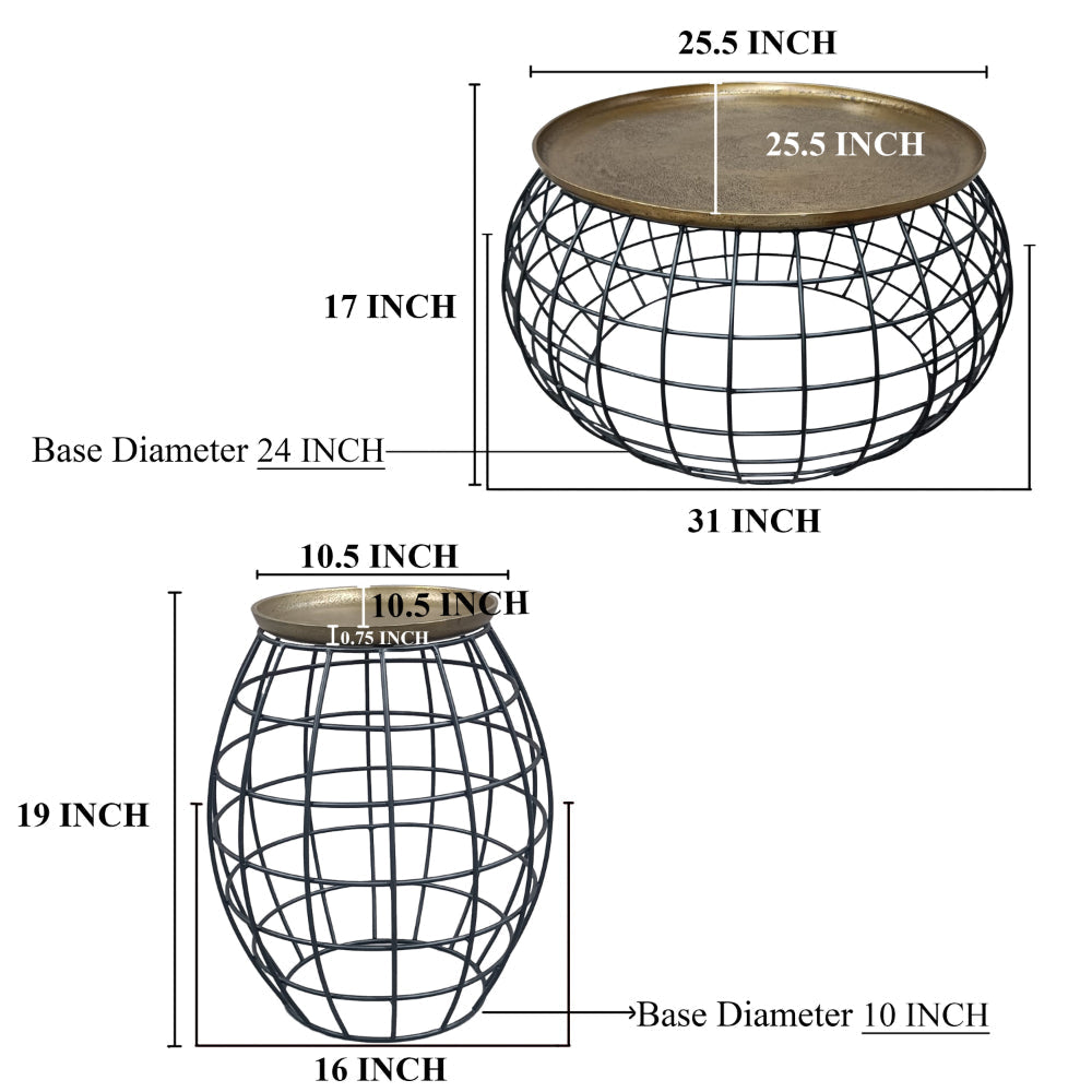 2 Piece Coffee Table and End table Set Round Antique Brass Tray Top Curved Cage Design Black Iron Base By The Urban Port UPT-310004