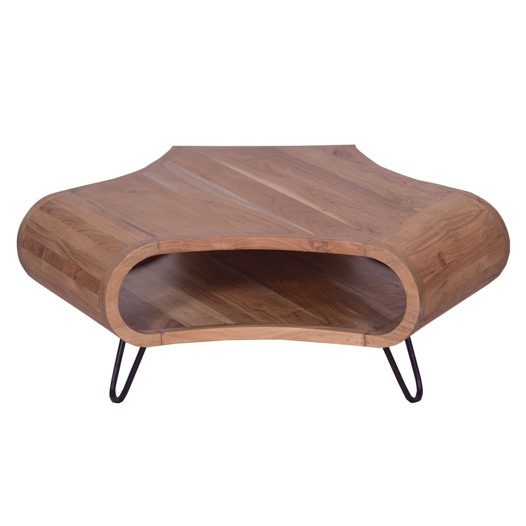 37 Inch Coffee Table Handcrafted Curved Hexagon Shape with Open Shelf Natural Brown Acacia Wood Iron Legs By The Urban Port UPT-310273