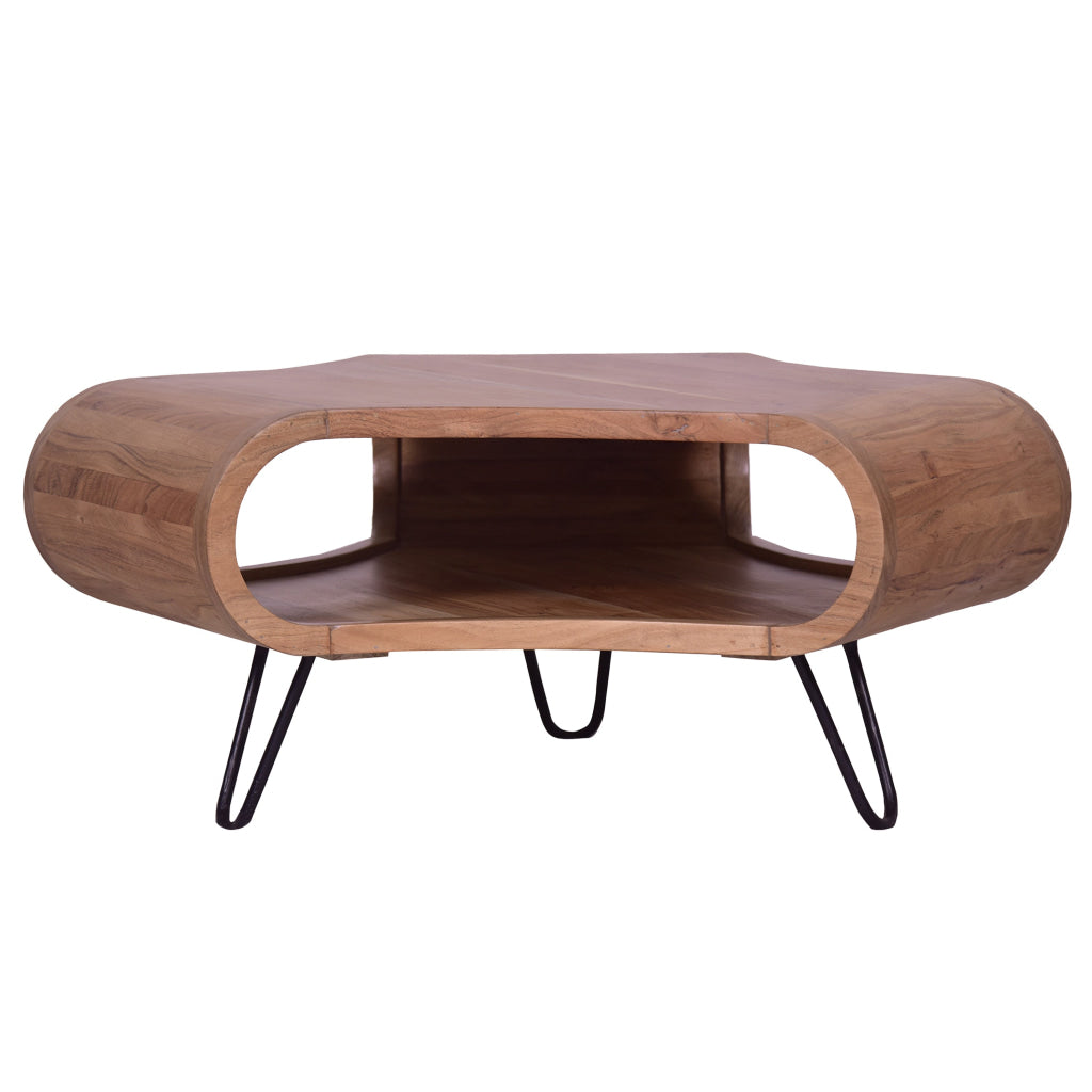 37 Inch Coffee Table Handcrafted Curved Hexagon Shape with Open Shelf Natural Brown Acacia Wood Iron Legs By The Urban Port UPT-310273