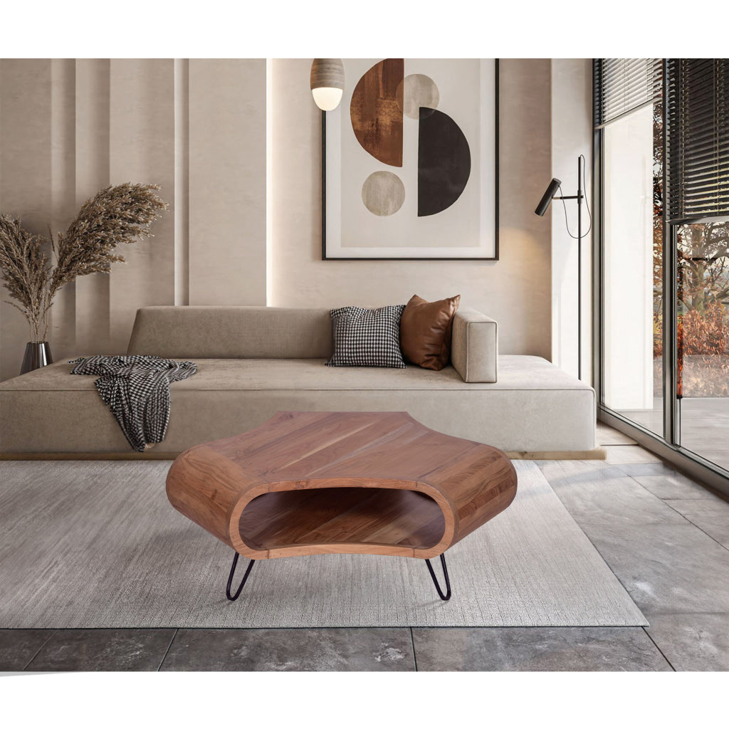 37 Inch Coffee Table, Handcrafted Curved Hexagon Shape with Open Shelf, Natural Brown Acacia Wood, Iron Legs By The Urban Port