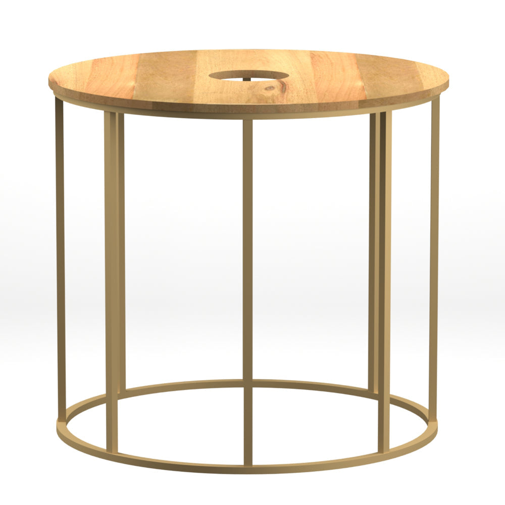 19 Inch Side End Table O Round Shape Natural Mango Wood Top Brass Powder Coated Open Frame By The Urban Port UPT-310986