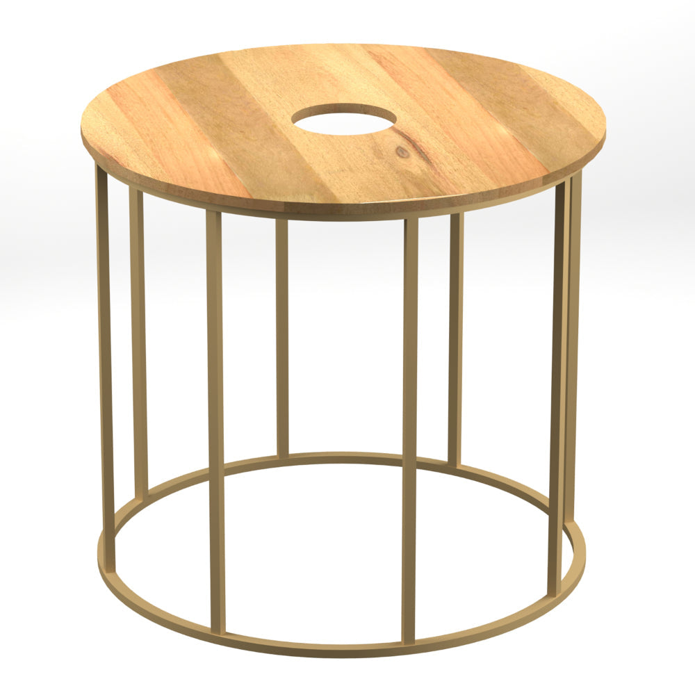 19 Inch Side End Table O Round Shape Natural Mango Wood Top Brass Powder Coated Open Frame By The Urban Port UPT-310986