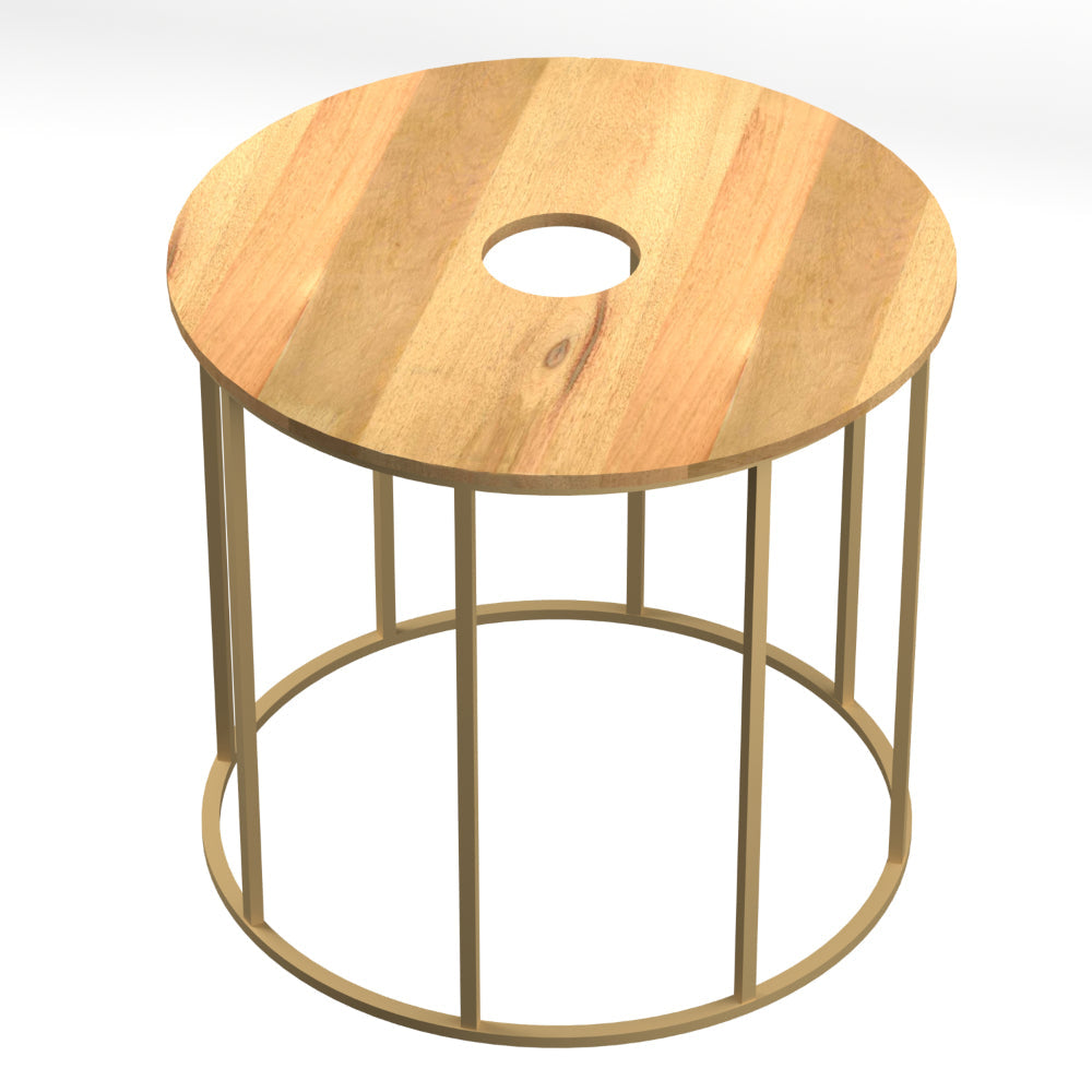 19 Inch Side End Table O Round Shape Natural Mango Wood Top Brass Powder Coated Open Frame By The Urban Port UPT-310986