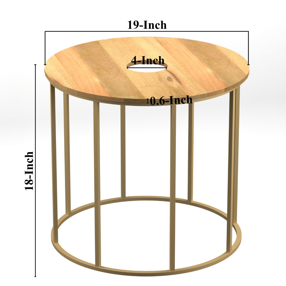 19 Inch Side End Table O Round Shape Natural Mango Wood Top Brass Powder Coated Open Frame By The Urban Port UPT-310986