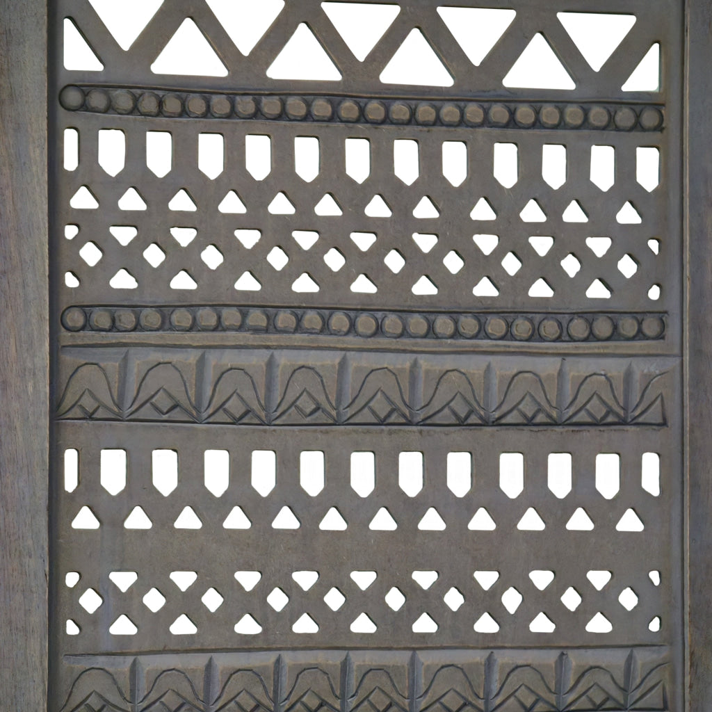 Karma 3 Panel Folding Room Divider Screen Antique Gray Mango Wood Inticate Cut out Geometric Design UPT-310988