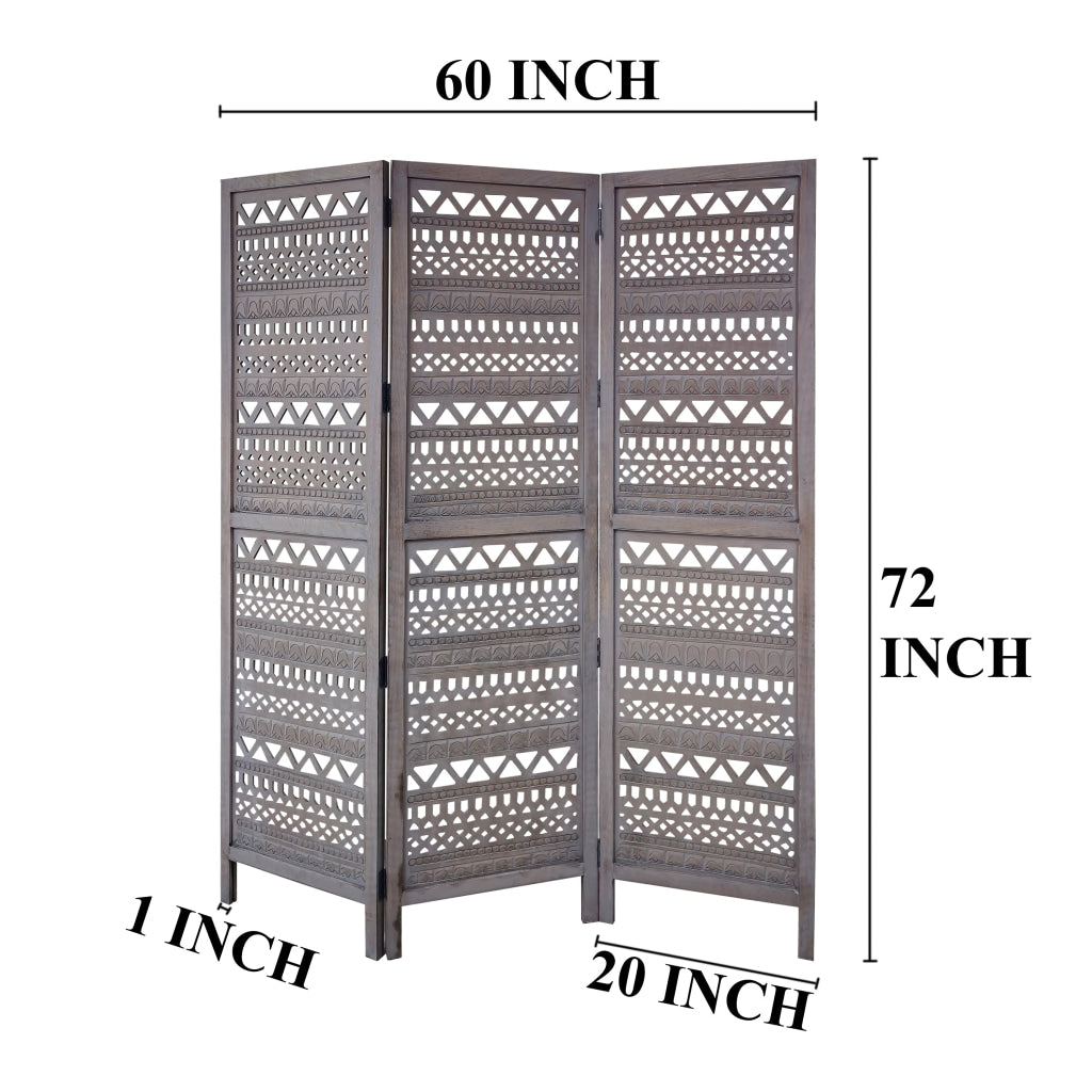 Karma 3 Panel Folding Room Divider Screen Antique Gray Mango Wood Inticate Cut out Geometric Design UPT-310988