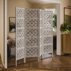 Taj 4 Panel Folding Room Divider Screen, Antique White Mango Wood, Floral Carved Design