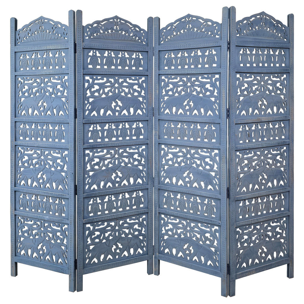 Jumbo 4 Panel Folding Room Divider Screen Antique Blue Mango Wood Elephant Motif Carved Design UPT-310990