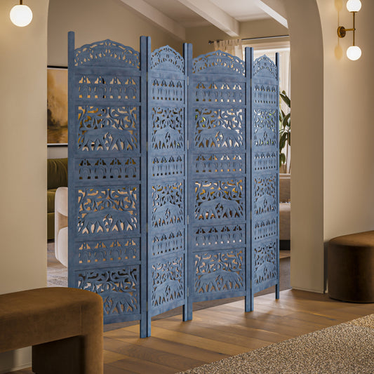 Jumbo 4 Panel Folding Room Divider Screen, Antique Blue Mango Wood, Elephant Motif Carved Design